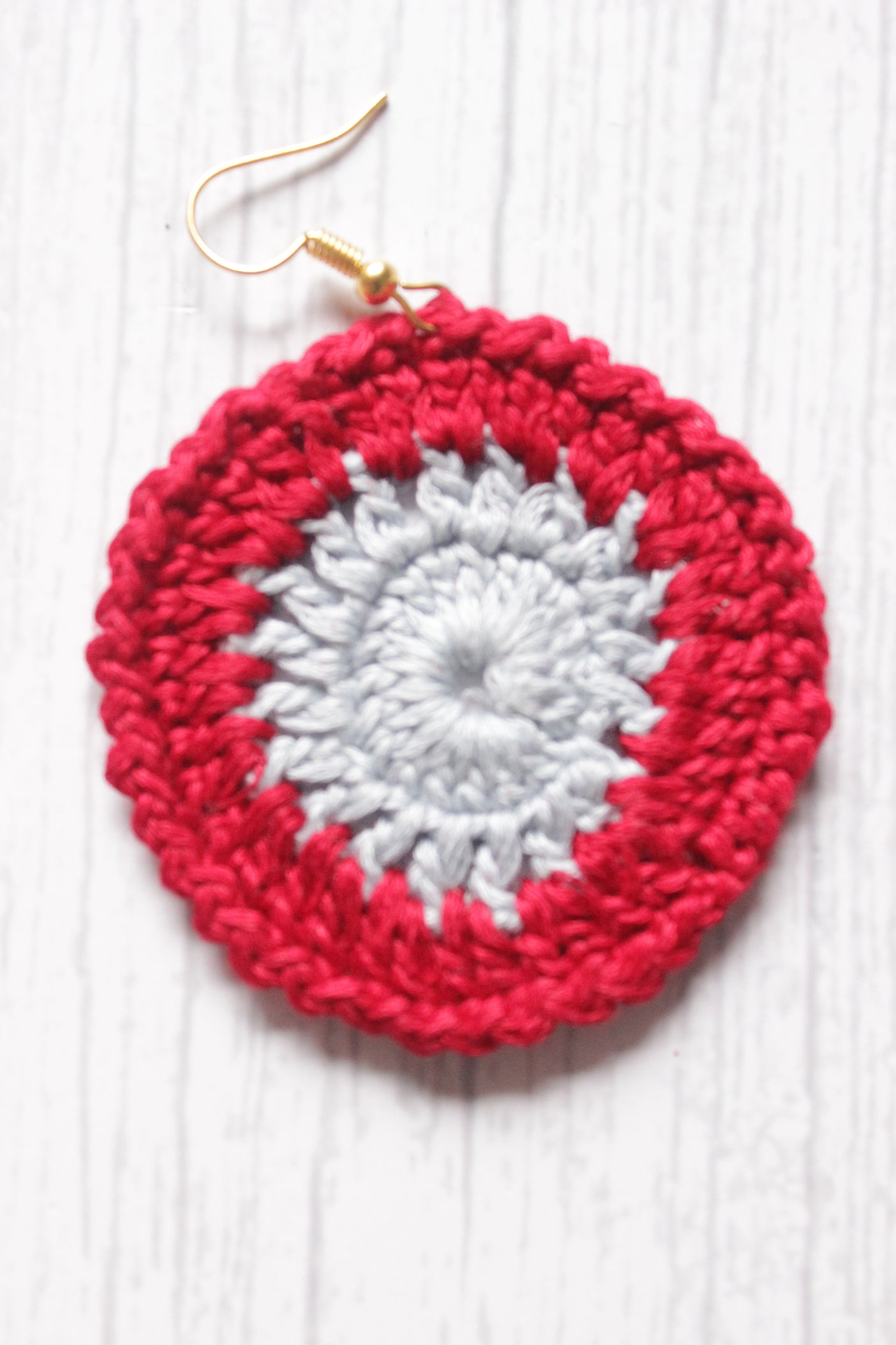 Red & White Circular Crochet Hand Knitted Dangler Earrings