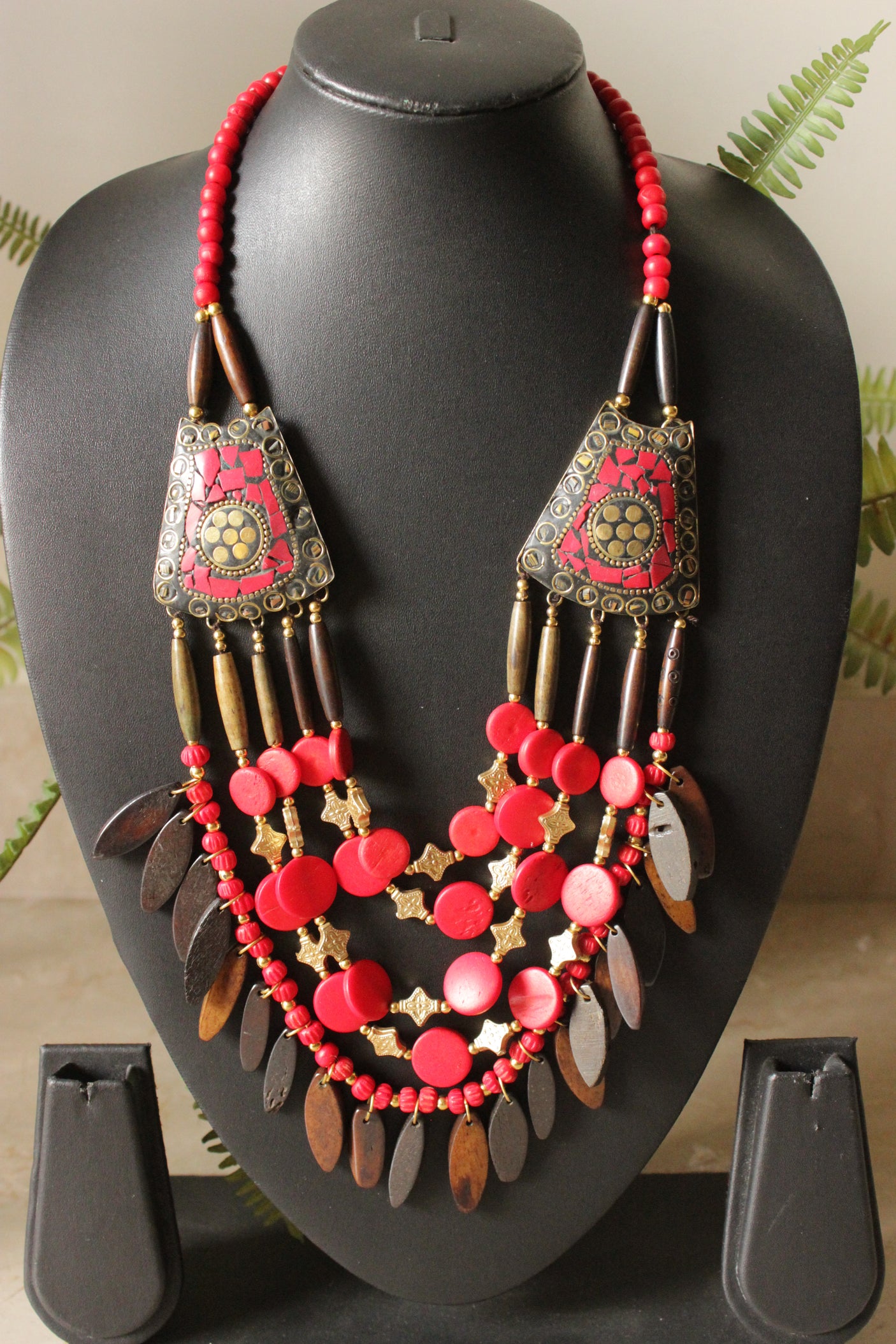 Red & Brown Bone Beads Handcrafted Statement African Tribal Necklace