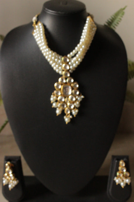 3 Layer Pearl Beads and Kundan Stones Adjustable Length Choker Necklace Set