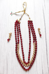 Maroon Glass Beads and Kundan Stones 3 Layer Adjustable Length Necklace Set