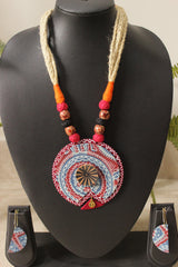 Indigo & Maroon Ajrakh Fabric Necklace Set with Adjustable Thread Closure Necklace Set