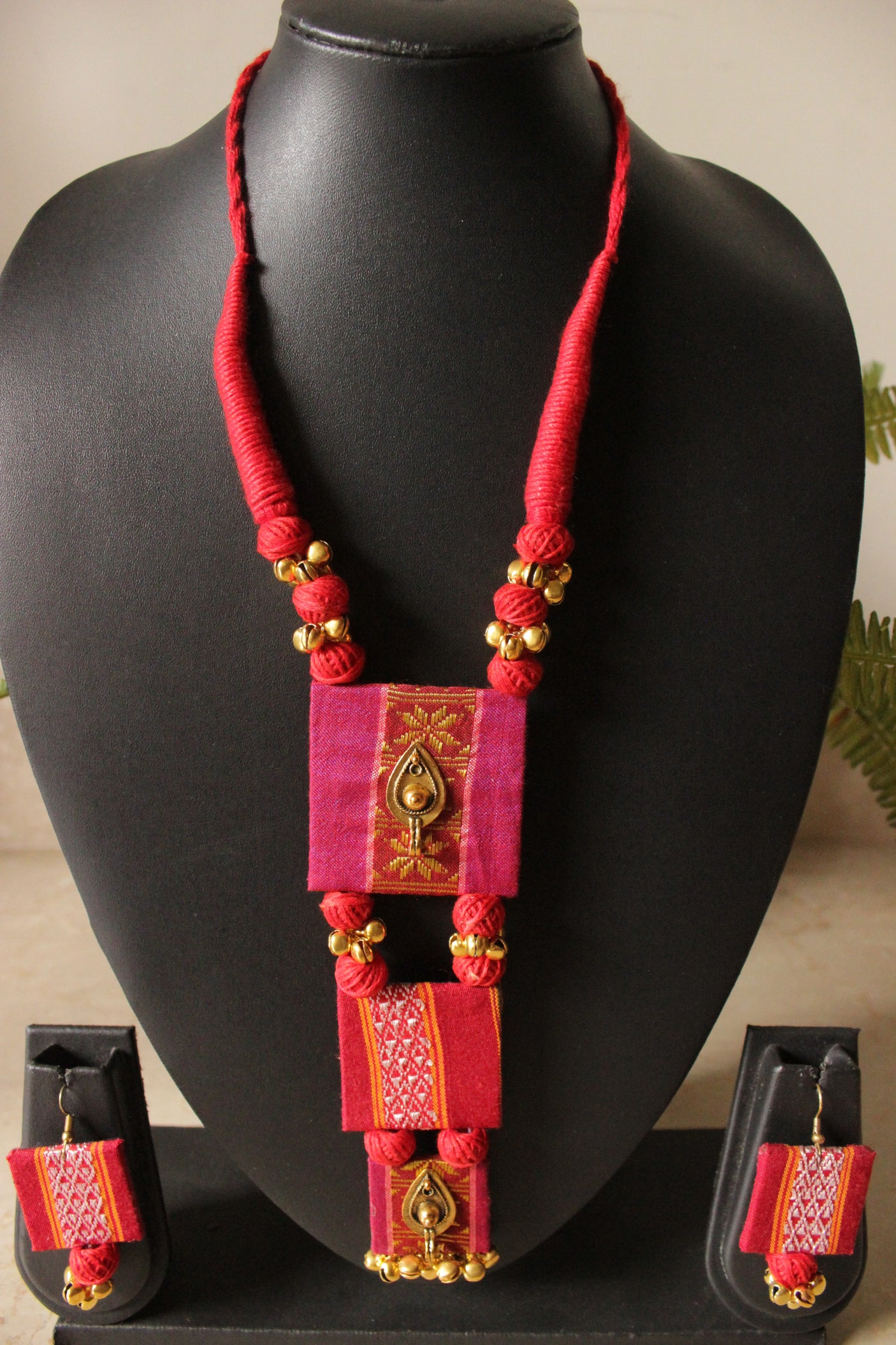 Fabric Handcrafted Ghungroo Embellished 3 Layer Pendant  Necklace Set with Adjustable Closure