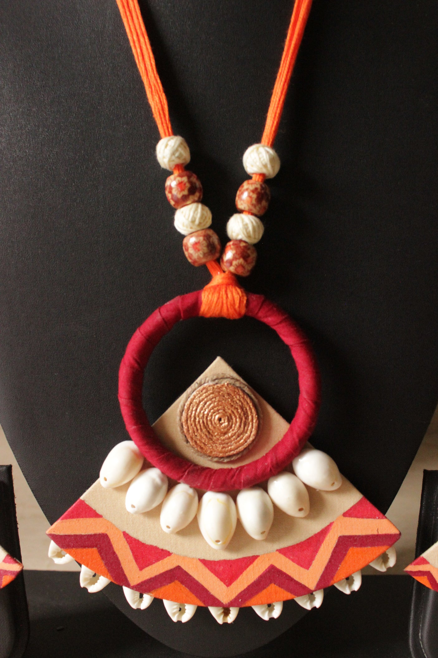 Earthy Multi-Color Fabric Handcrafted and Hand Painted Shell Work Necklace Set