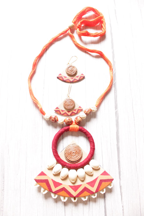 Earthy Multi-Color Fabric Handcrafted and Hand Painted Shell Work Necklace Set