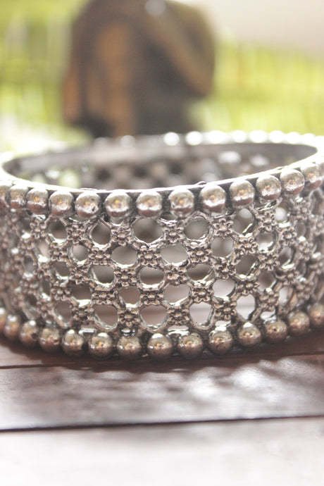 Silver Finish Intricately Detailed Metal Bracelet/Kada