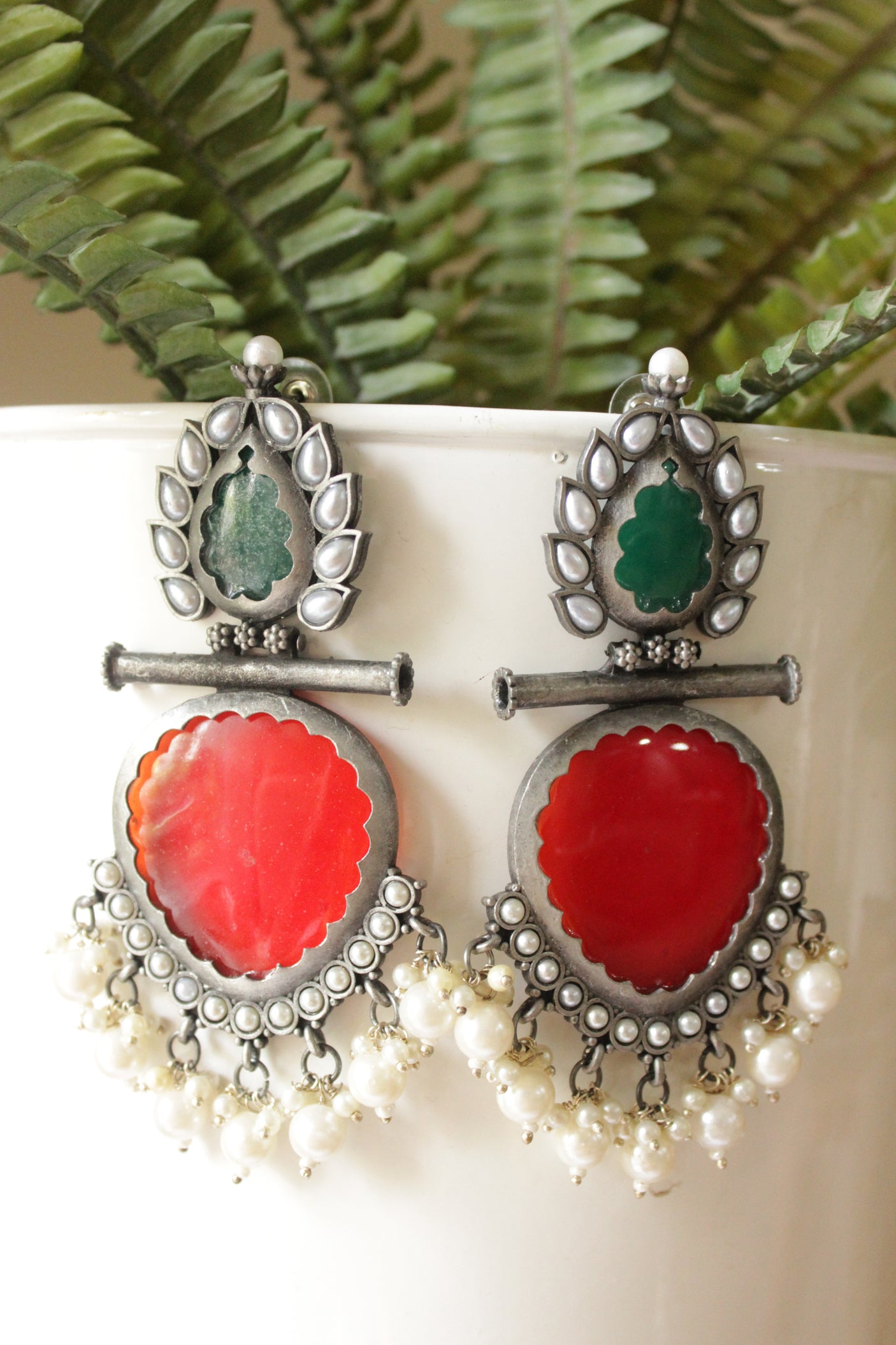 Red & Green Enamel Painted Oxidised Finish Earrings