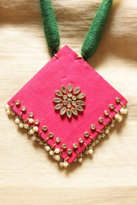 Fuchsia Fabric Kundan Stones Embellished Adjustable Closure Necklace Set