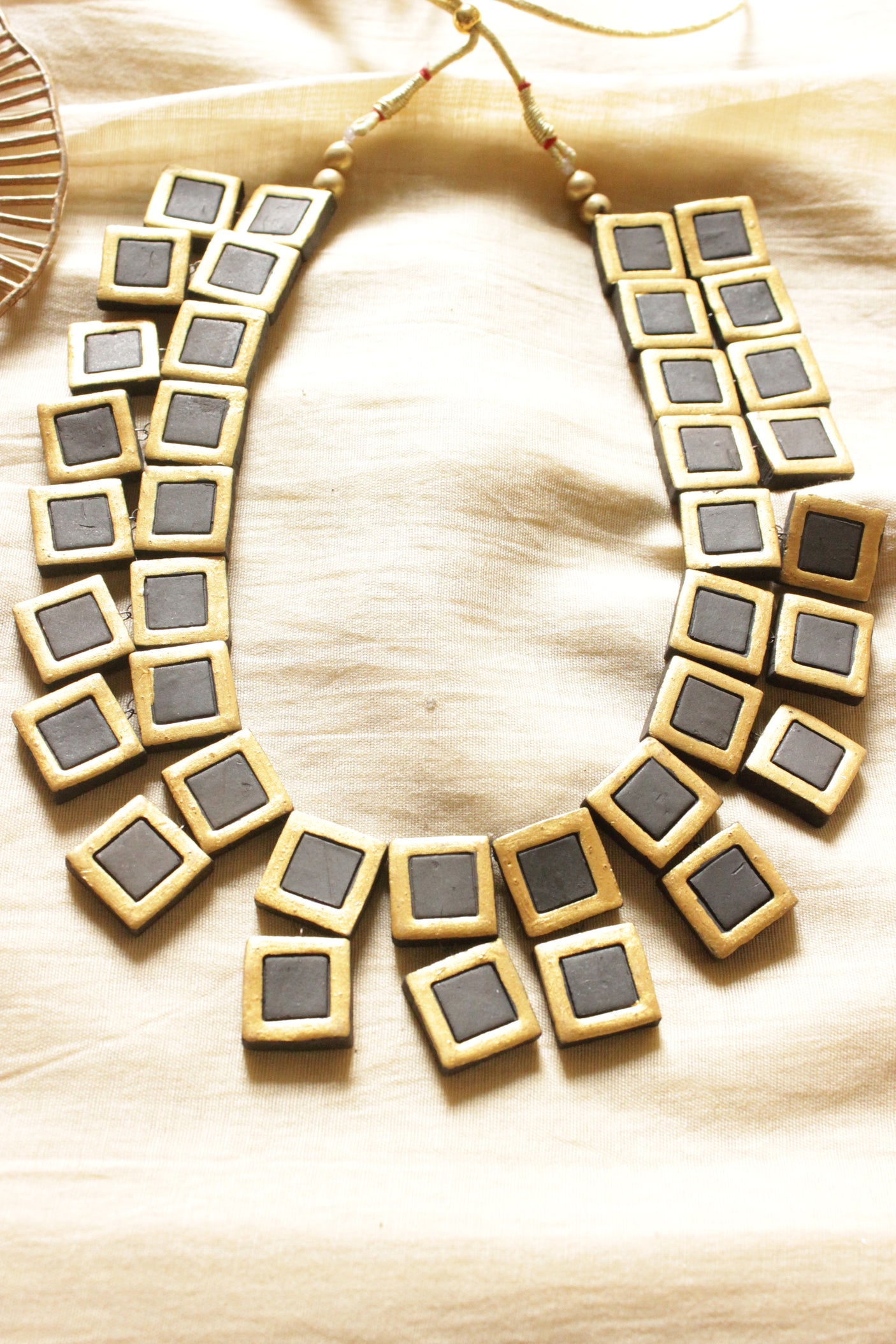 Black & Golden Square Beads Terracotta Clay Handcrafted Necklace Set
