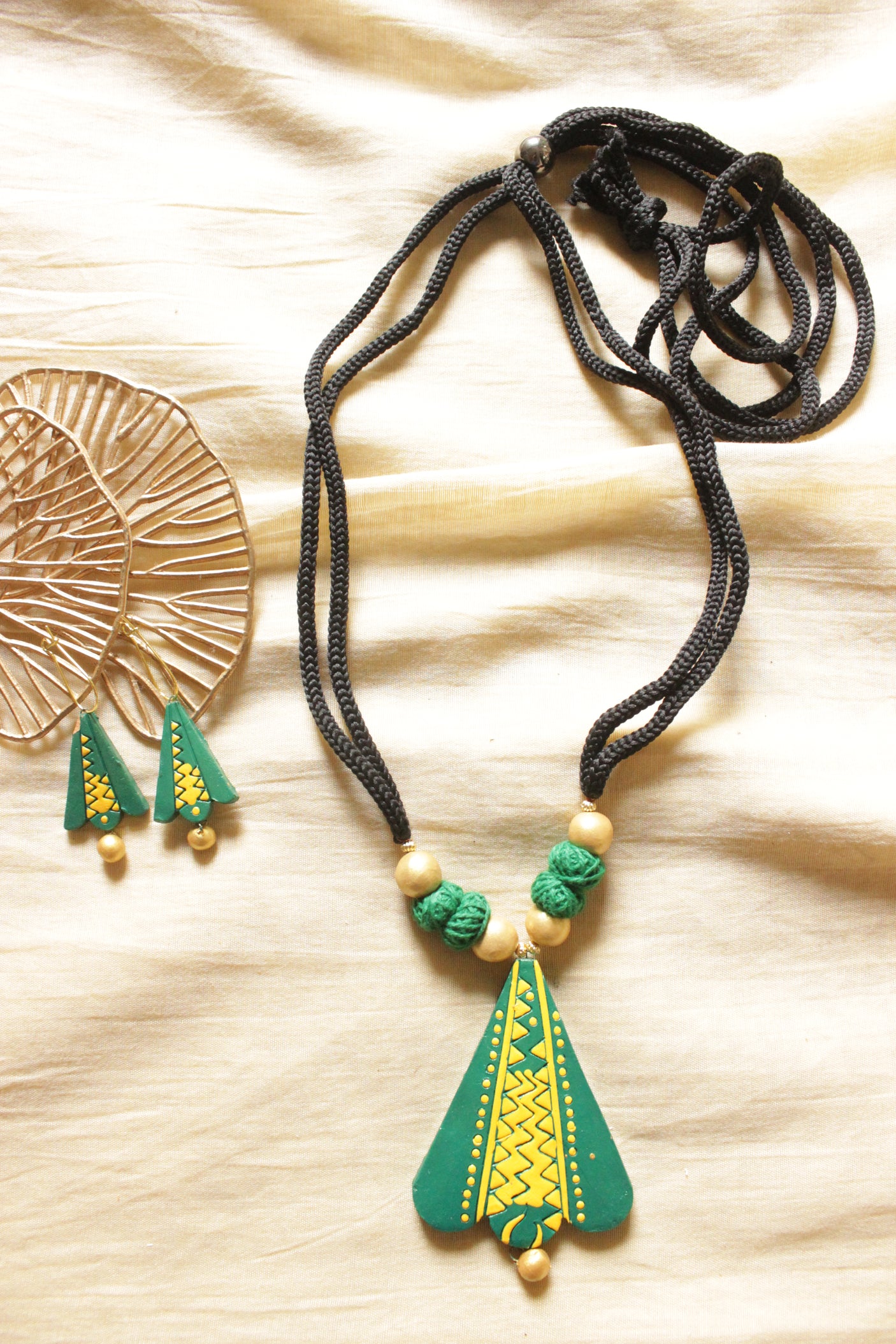 Sea Green & Yellow Hand Painted Teracotta Clay Necklace Set with Adjustable Dori Closure