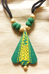 Sea Green & Yellow Hand Painted Teracotta Clay Necklace Set with Adjustable Dori Closure