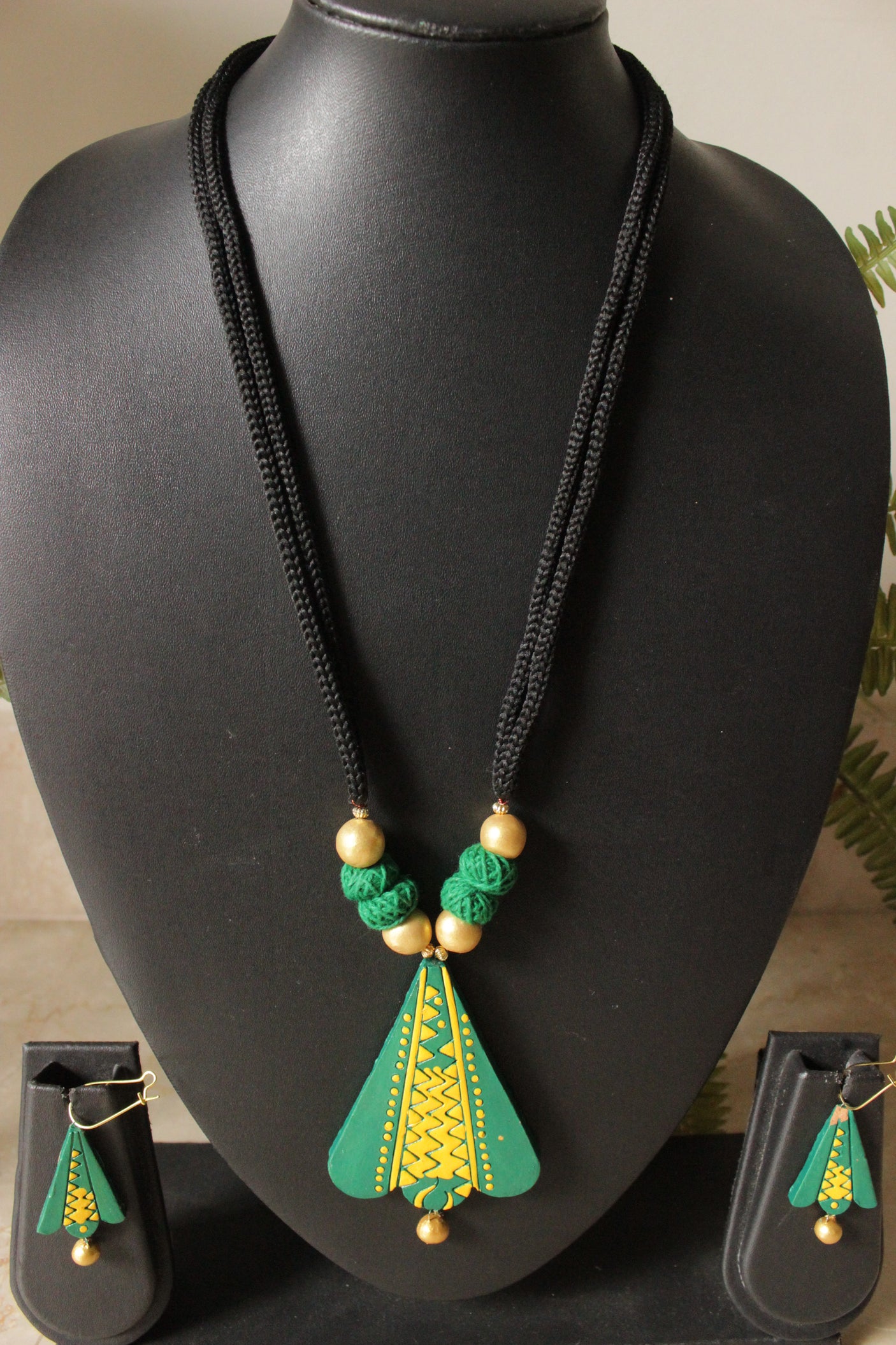 Sea Green & Yellow Hand Painted Teracotta Clay Necklace Set with Adjustable Dori Closure