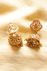 Gold Toned Religious Motif Temple Jewelry Necklace Set with Jhumka Earrings