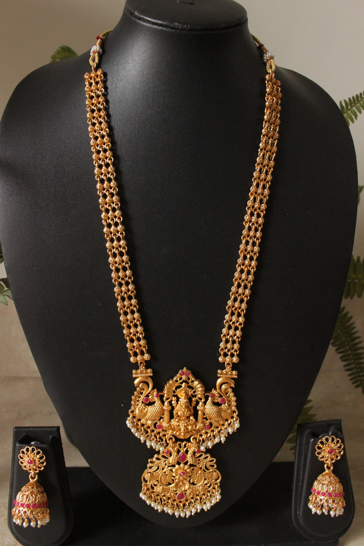 Dull Gold Finish Antique Religious Motifs Long Elaborate Temple Jewelry Necklace Set