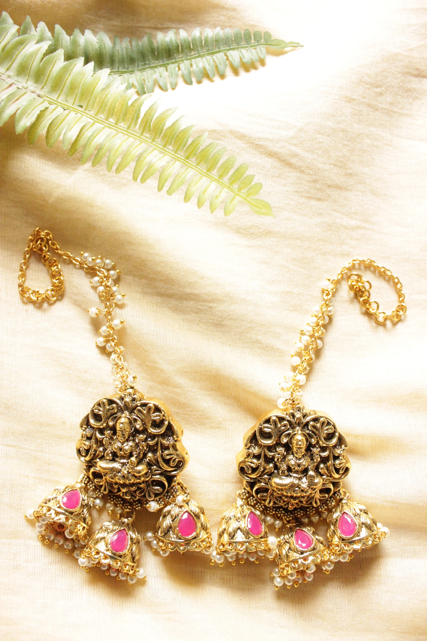 Religious Motifs Dull Gold Finish Temple Jewelry Statement Earrings with Ear Chain