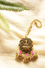 Religious Motifs Dull Gold Finish Temple Jewelry Statement Earrings with Ear Chain