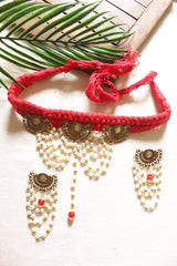 Red Braided Threads Handmade Necklace Set with Antique Gold Finish Metal Charms and White Pearl Beads Chain Strings