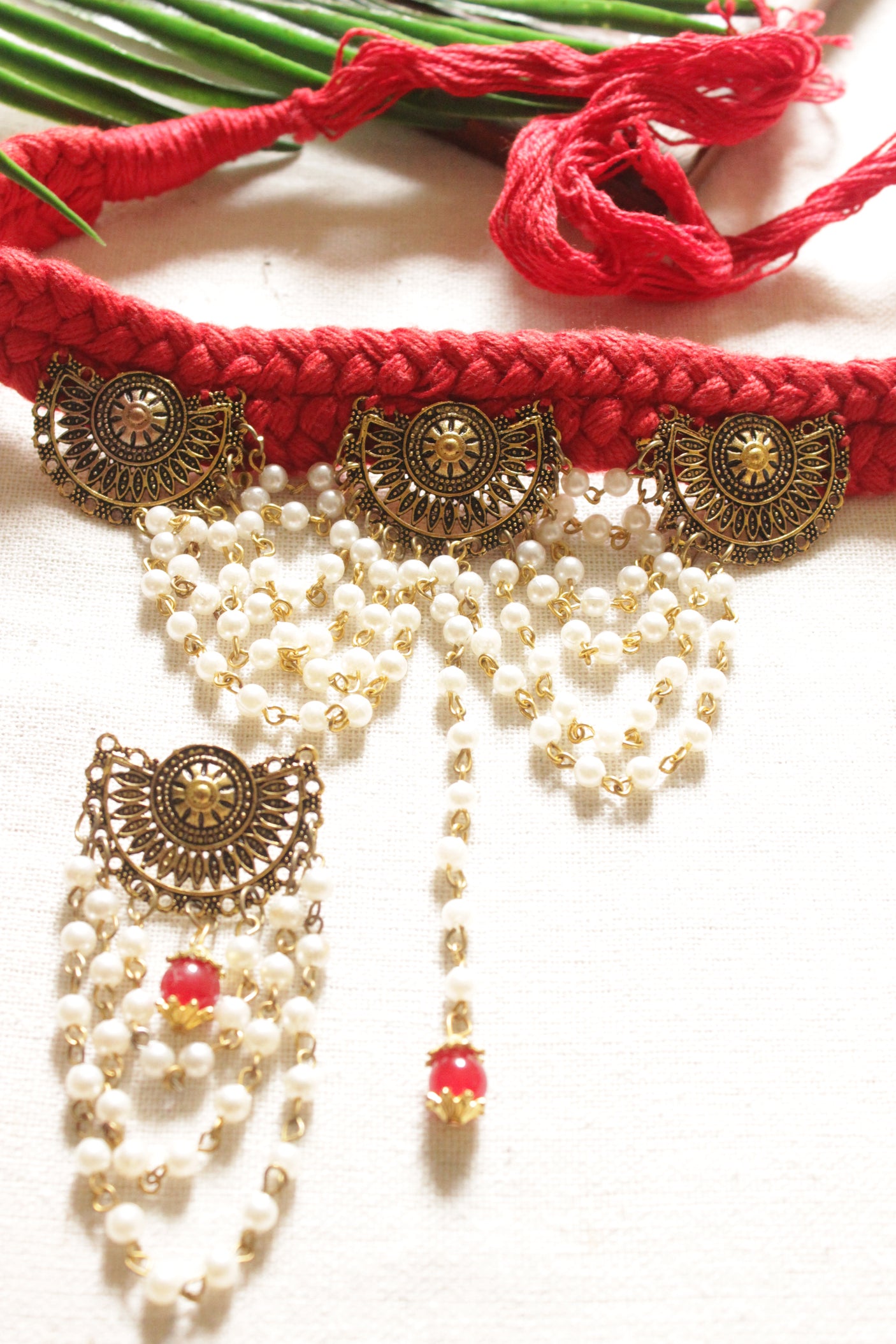 Red Braided Threads Handmade Necklace Set with Antique Gold Finish Metal Charms and White Pearl Beads Chain Strings