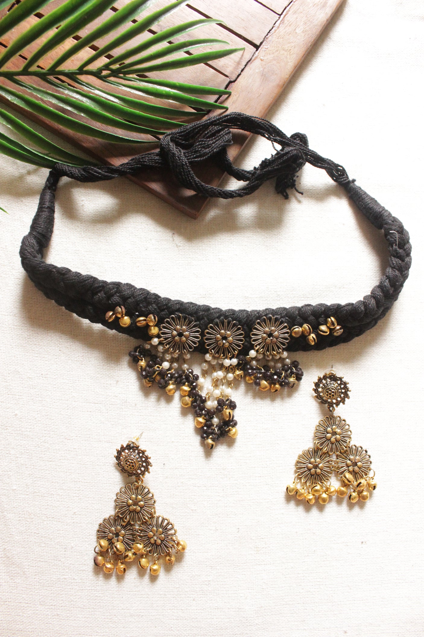 Black Braided Threads Handmade Necklace Set with Antique Gold Finish Metal Charms and Black Beads Chain Strings