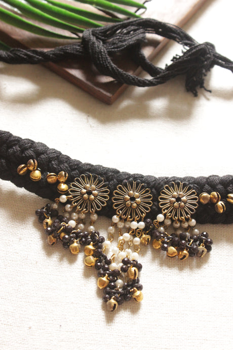 Black Braided Threads Handmade Necklace Set with Antique Gold Finish Metal Charms and Black Beads Chain Strings