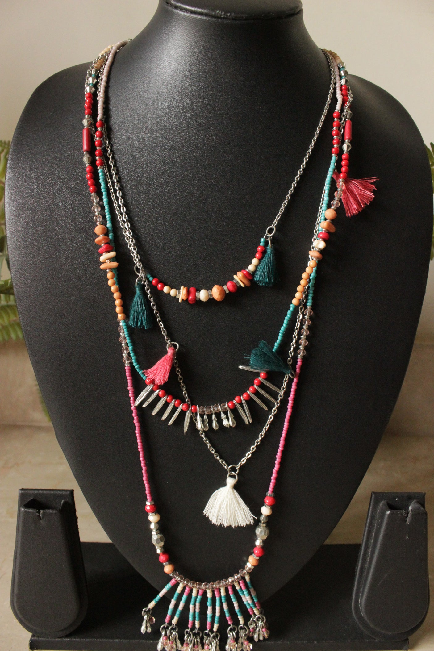 4 Layered Fabric, Beads and Metal Charms Long Necklace
