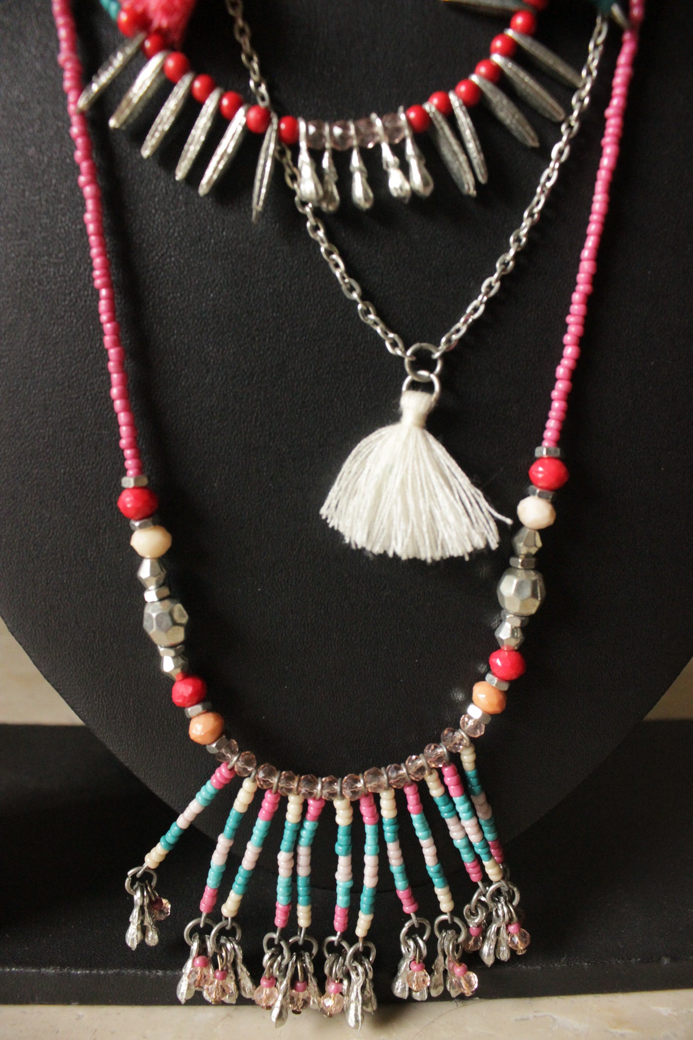 4 Layered Fabric, Beads and Metal Charms Long Necklace