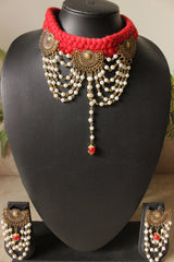 Red Braided Threads Handmade Necklace Set with Antique Gold Finish Metal Charms and White Pearl Beads Chain Strings