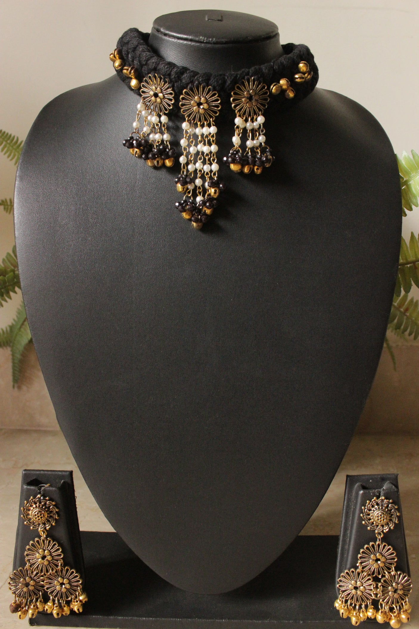 Black Braided Threads Handmade Necklace Set with Antique Gold Finish Metal Charms and Black Beads Chain Strings