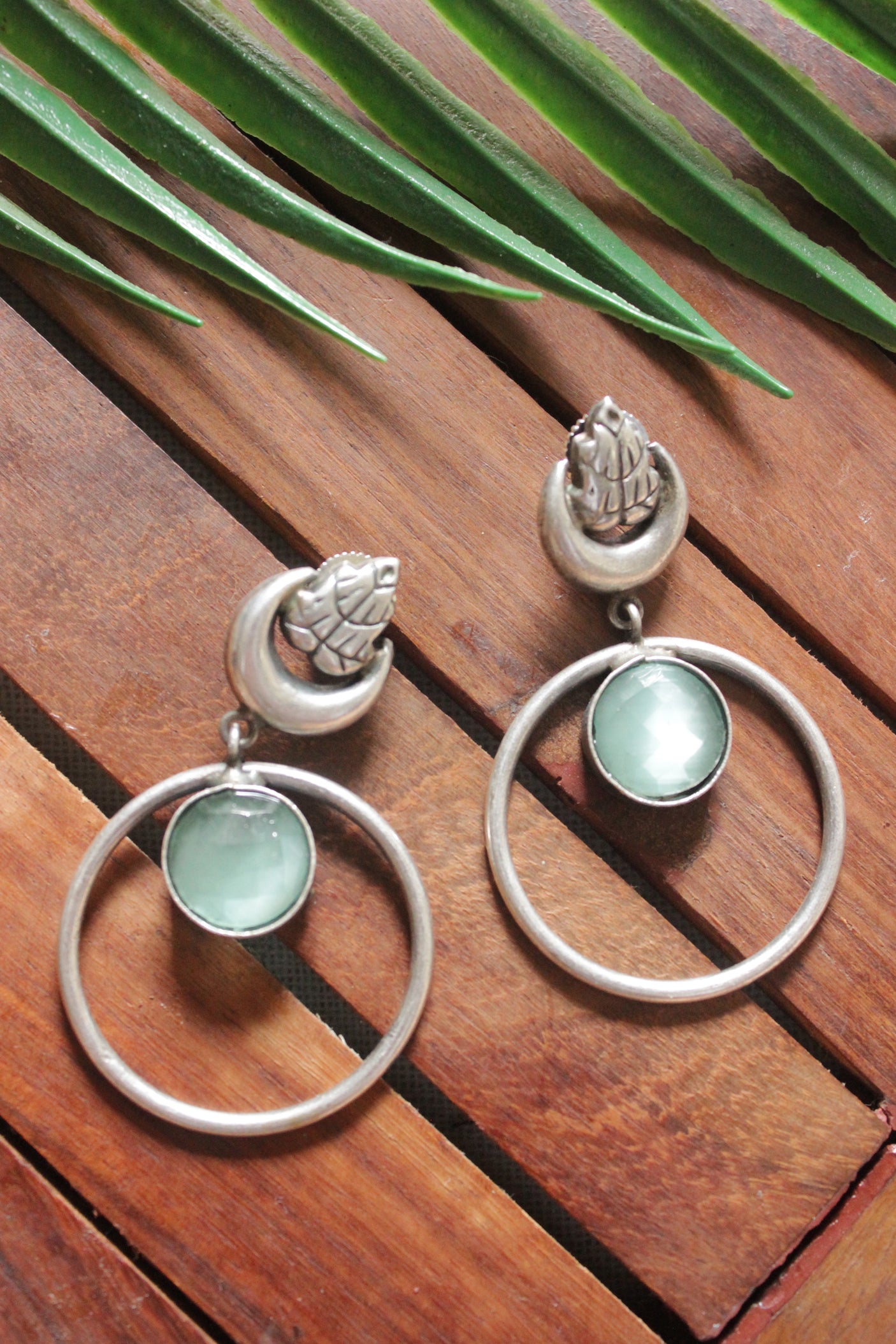 Turquoise Stone Embedded Oxidised Silver Finish Hoop Earrings