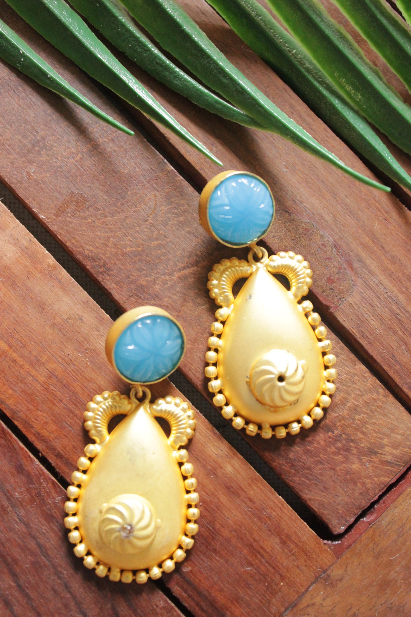 Gold Finish Blue Stone Embedded Premium Brass Tear Drop Earrings