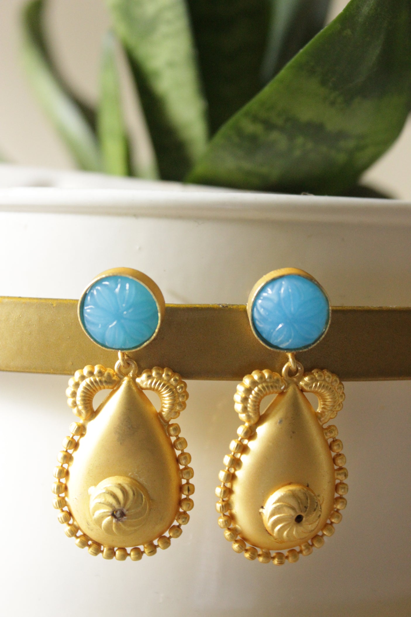 Gold Finish Blue Stone Embedded Premium Brass Tear Drop Earrings