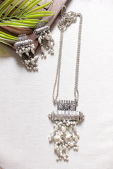 White Beads Embellished Silver Finish 2 Layer Chain Necklace Set
