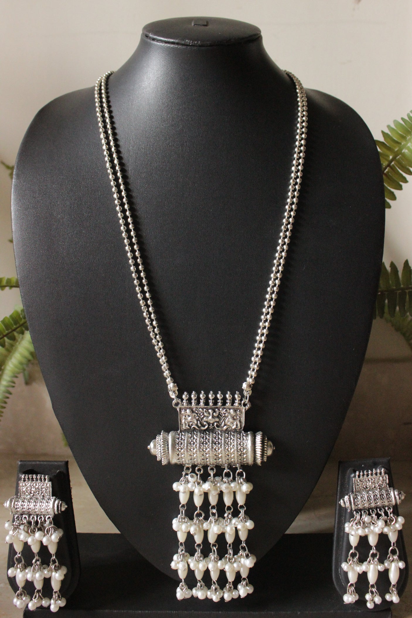 White Beads Embellished Silver Finish 2 Layer Chain Necklace Set