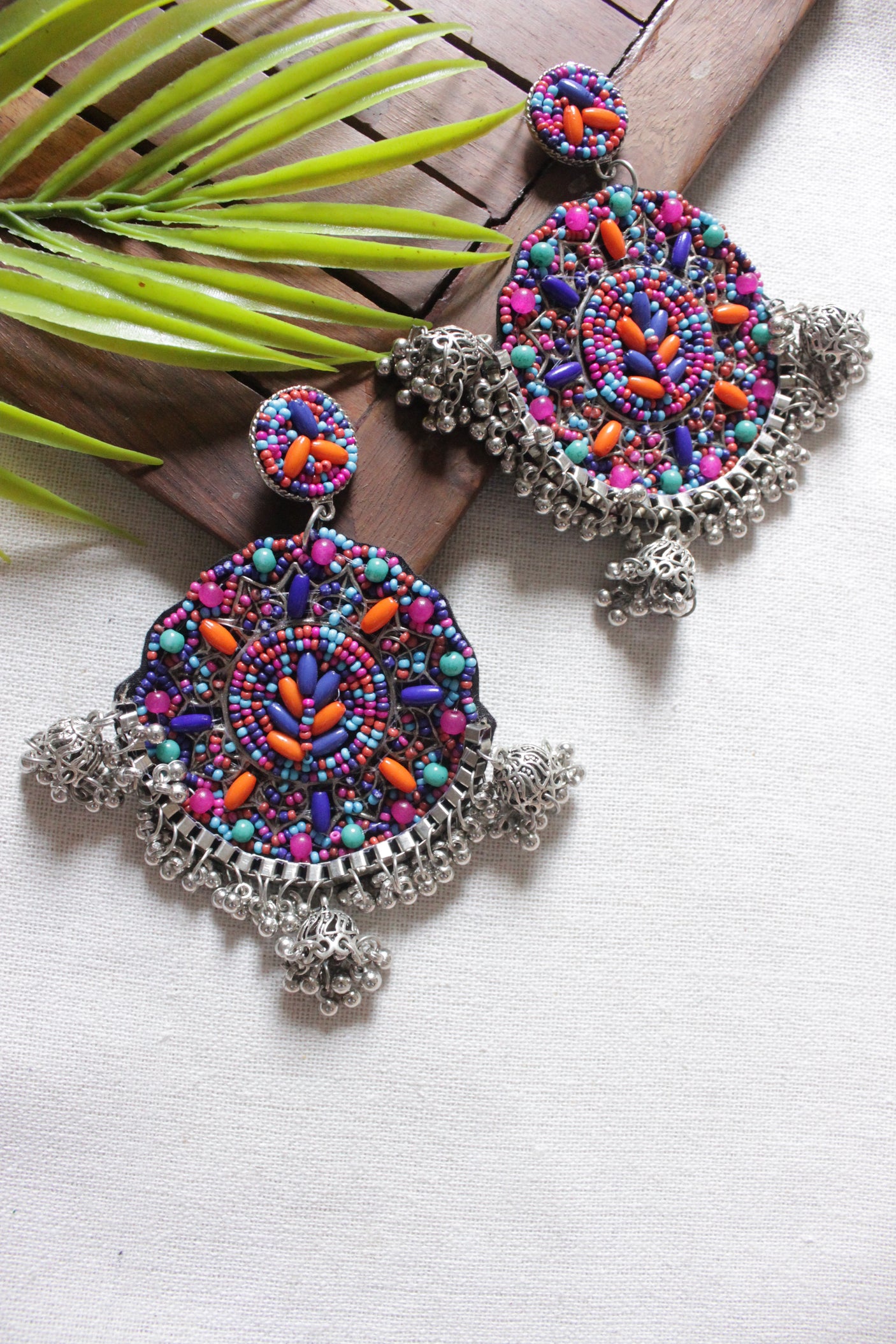 Multi-Color Circular Beaded Metal Jhumka Charms Earrings