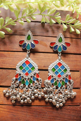 Red, Blue & Green Enamel Painted Afghani Earrings with Metal Bead Charm Strings