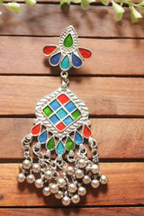 Red, Blue & Green Enamel Painted Afghani Earrings with Metal Bead Charm Strings