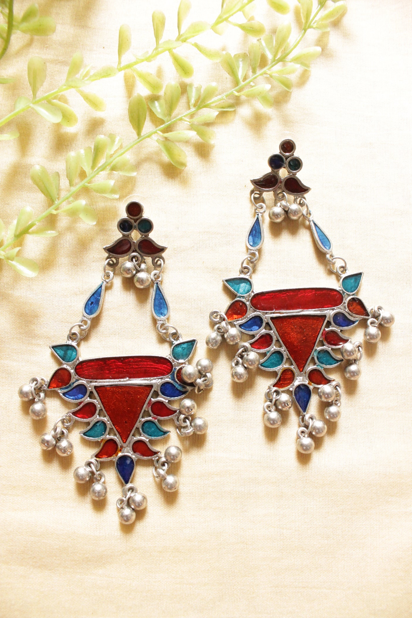 Red & Blue Enamel Painted Afghani Earrings with Metal Bead Charms