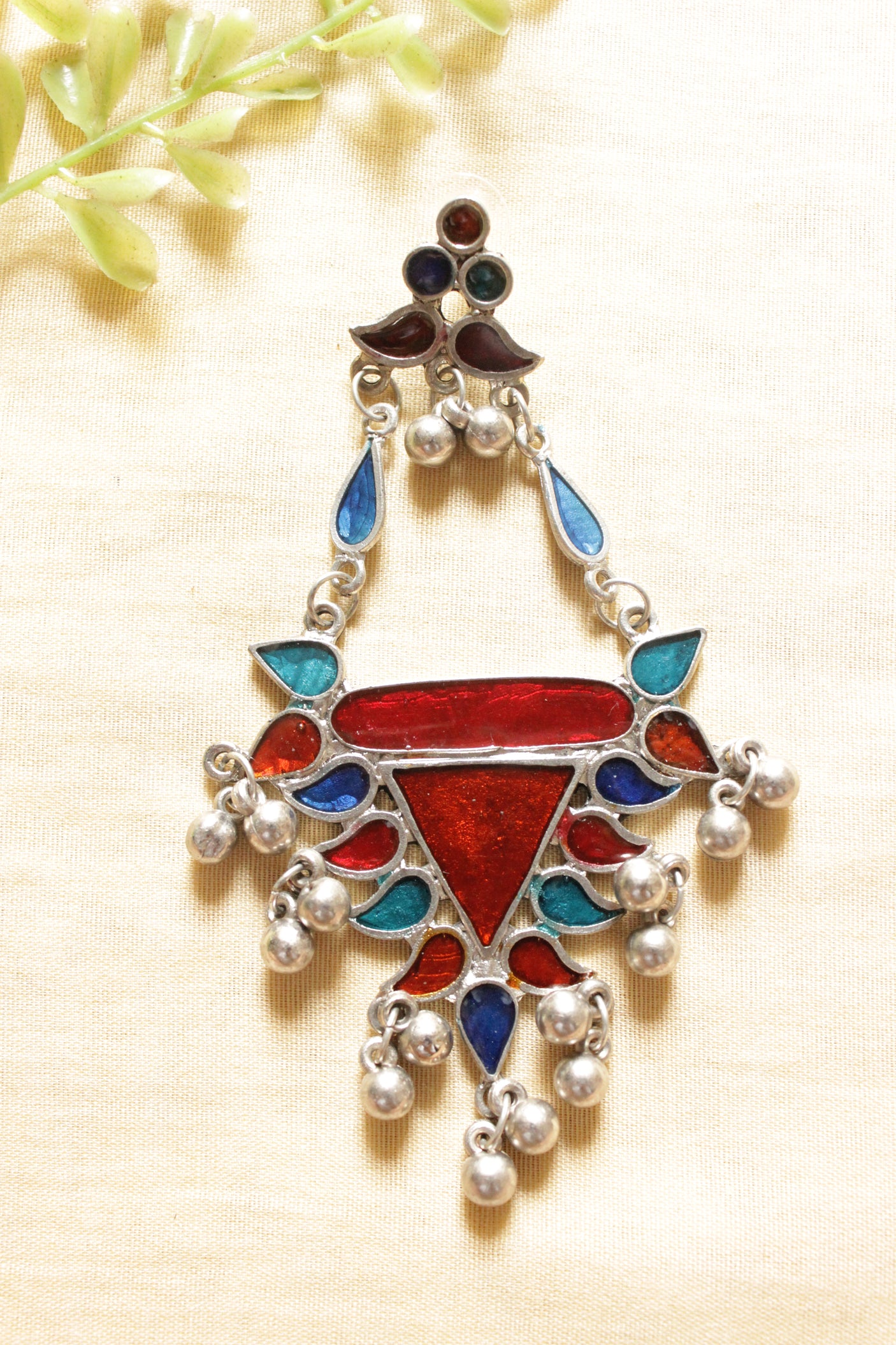 Red & Blue Enamel Painted Afghani Earrings with Metal Bead Charms