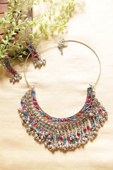 Multi-Color Glass Stones Embedded Hasli Style Oxidised Silver Finish Long Afghani Necklace Set