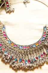 Multi-Color Glass Stones Embedded Hasli Style Oxidised Silver Finish Long Afghani Necklace Set