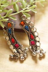 Multi-Color Glass Stones Embedded Hasli Style Oxidised Silver Finish Long Afghani Necklace Set