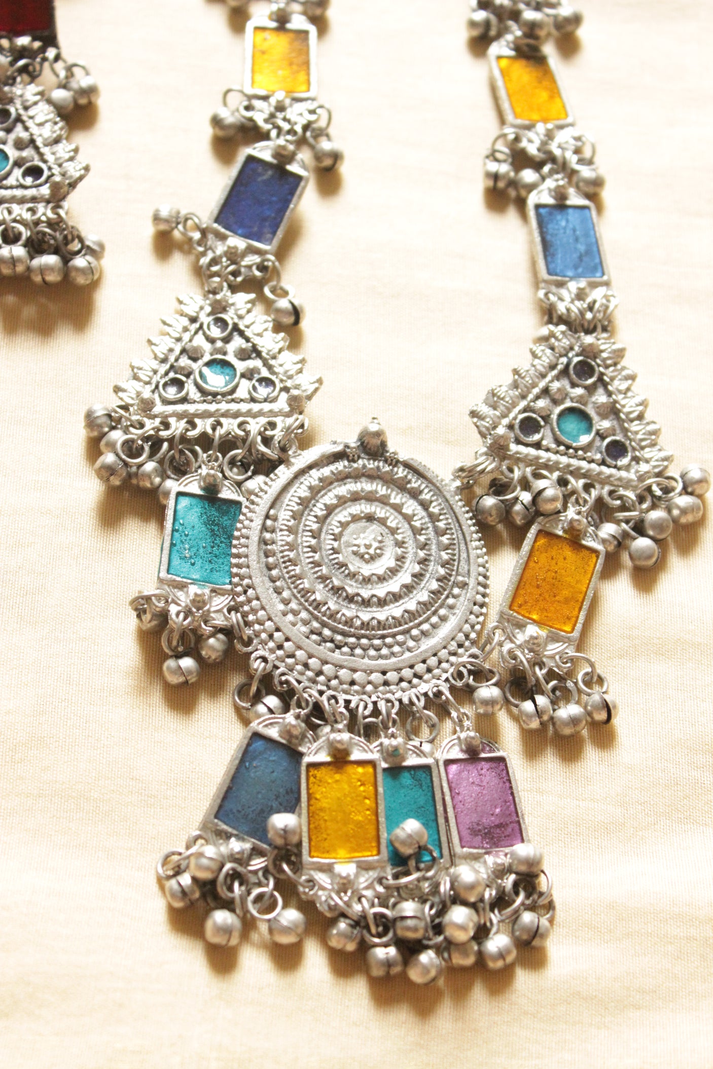 Multi-Color Enamel Painted Silver Finish Long Afghani Necklace Set