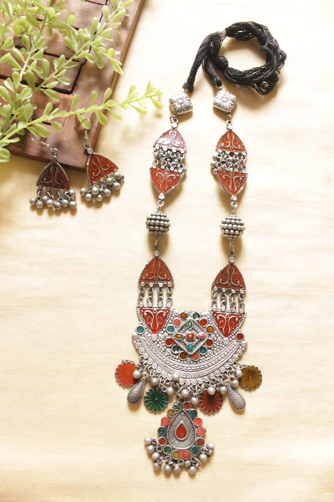 Multi-Color Enamel Painted Flower Motifs Oxidised Silver Finish Long Afghani Necklace Set