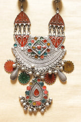 Multi-Color Enamel Painted Flower Motifs Oxidised Silver Finish Long Afghani Necklace Set