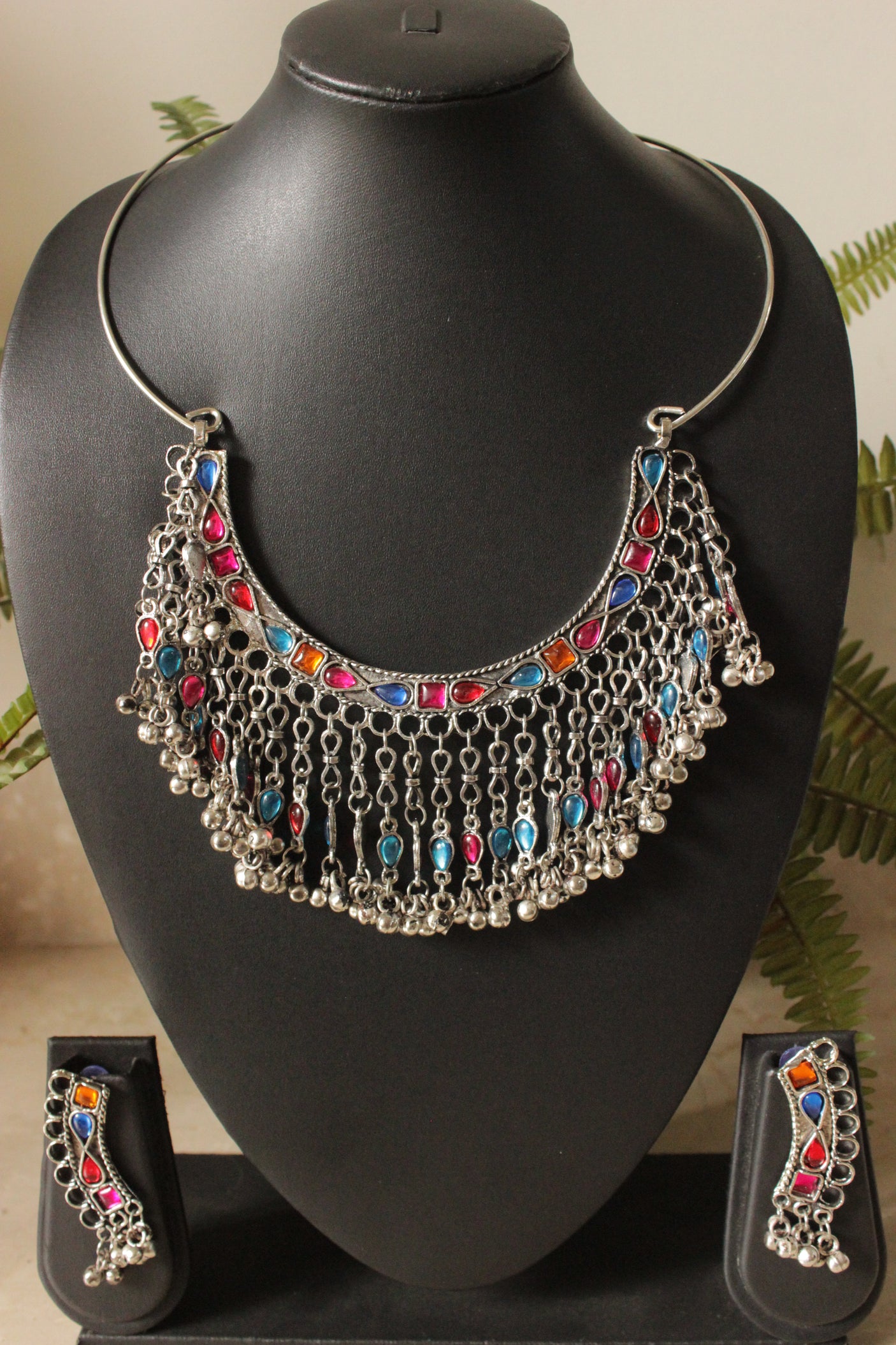 Multi-Color Glass Stones Embedded Hasli Style Oxidised Silver Finish Long Afghani Necklace Set