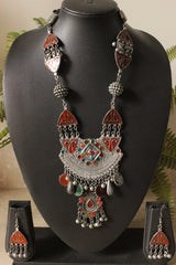 Multi-Color Enamel Painted Flower Motifs Oxidised Silver Finish Long Afghani Necklace Set