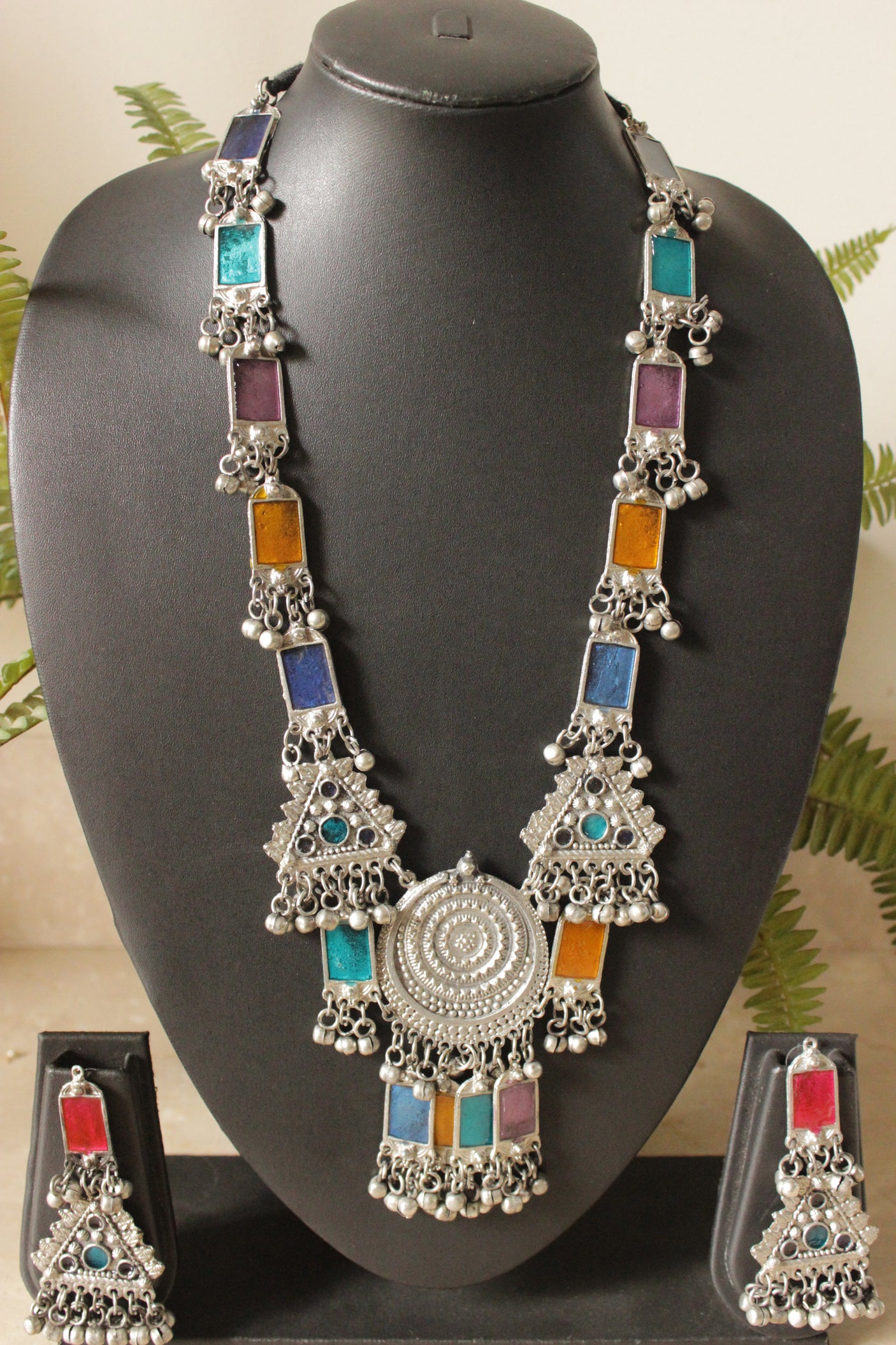 Multi-Color Enamel Painted Silver Finish Long Afghani Necklace Set