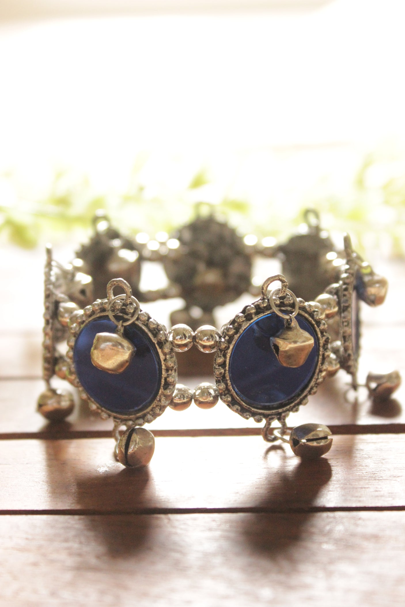 Blue Glass Stones Embedded Silver Finish Adjustable Afghani Bracelet/Kada