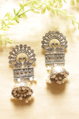 Bird & Flower Motifs Oxidised Finish Jhumka Earrings