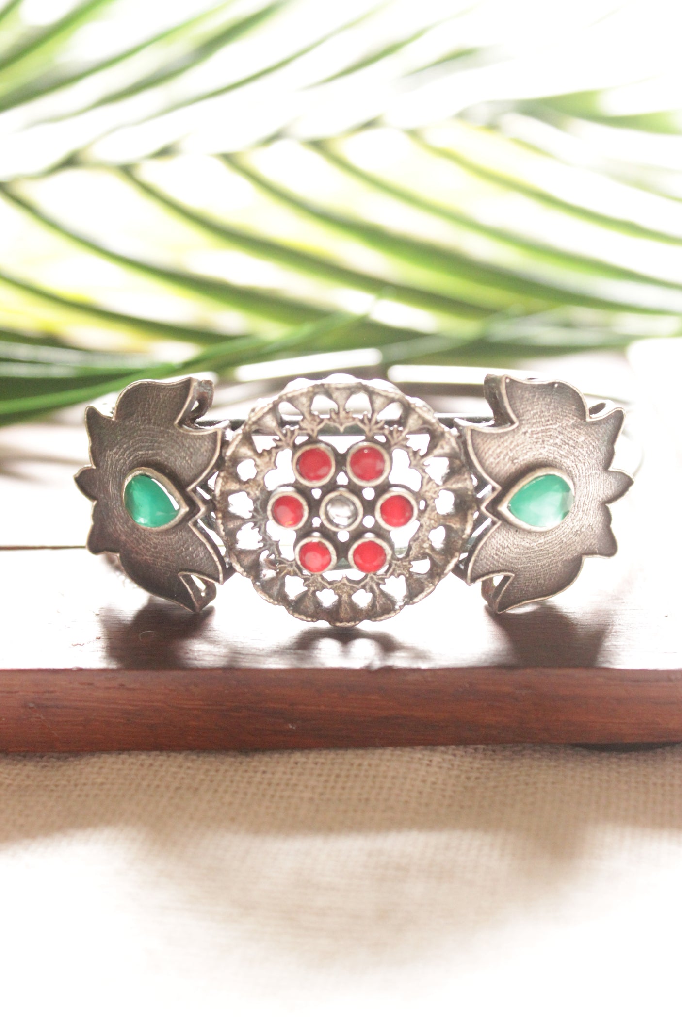 Oxidised Silver Finish Glass Stoned Studded Adjustable Bracelet