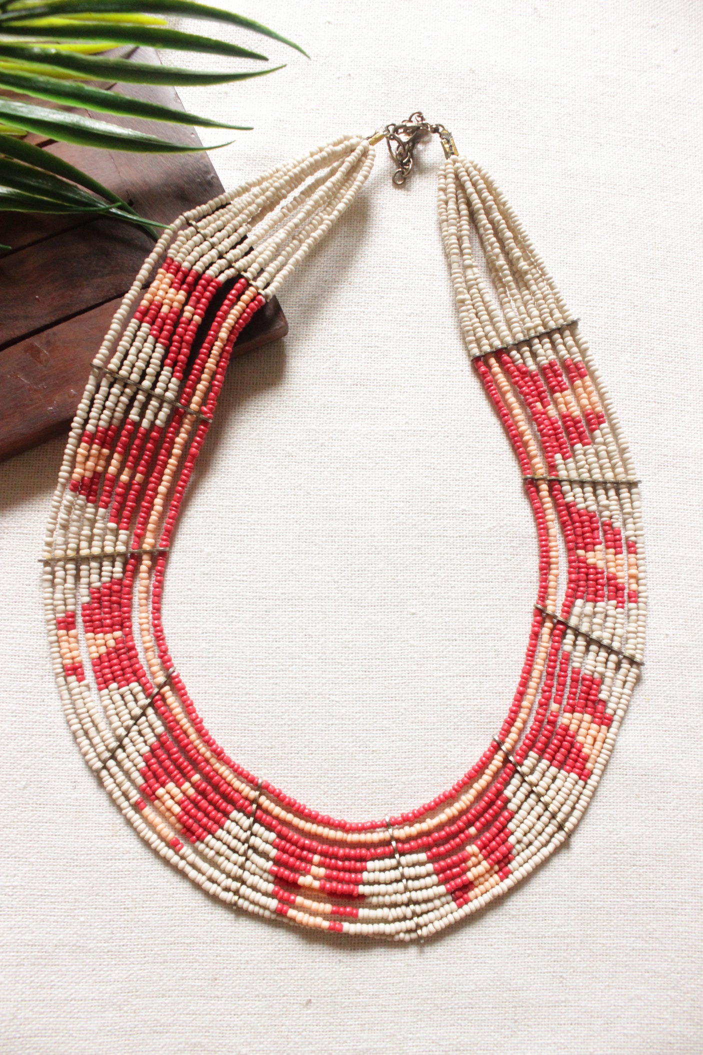Beige and Red Beads Hand Braided Beaded Necklace